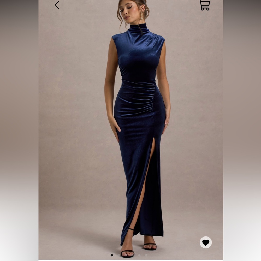Club L London | Abilene Navy Velvet High Neck Split Maxi Dress